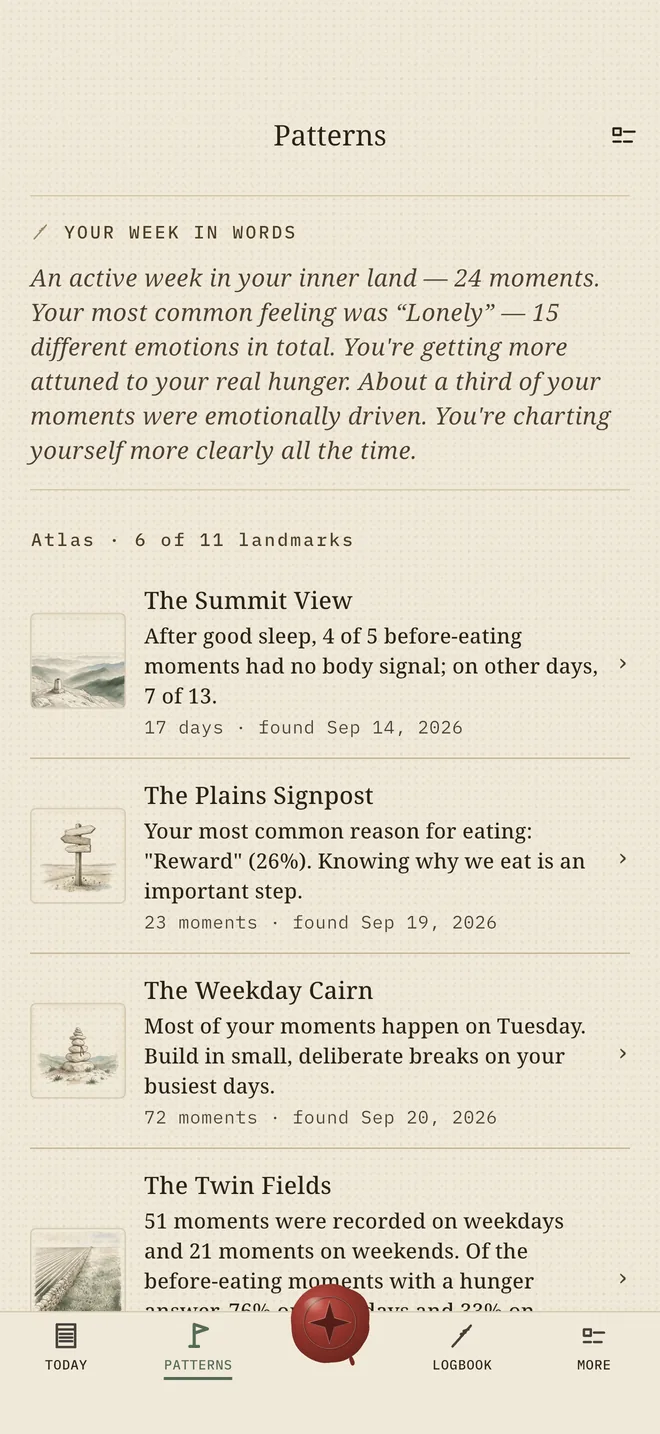 The Patterns tab: the week in words and the Atlas with drawings and findings for your landmarks.