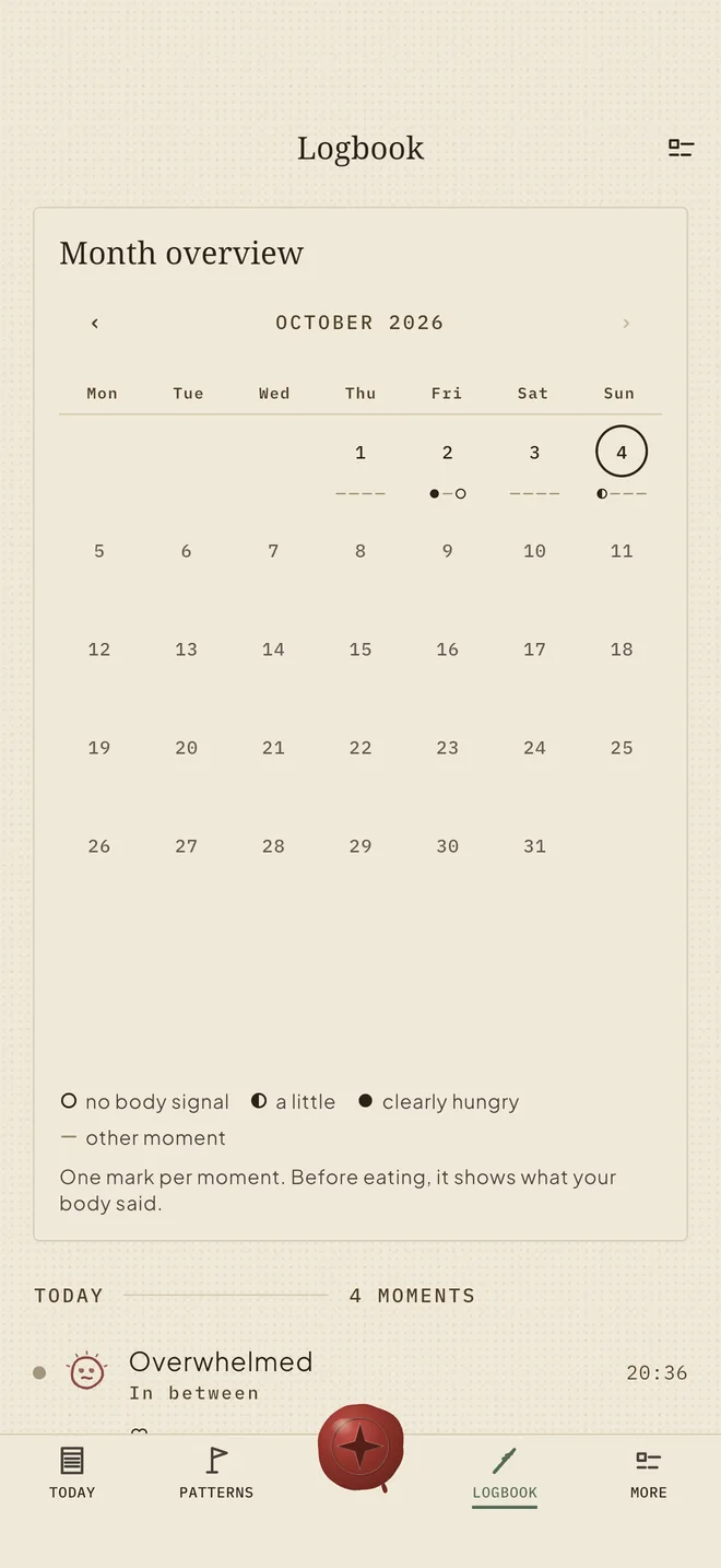 The Logbook tab: a calendar grid with one hunger mark per moment and the day’s moments below it.