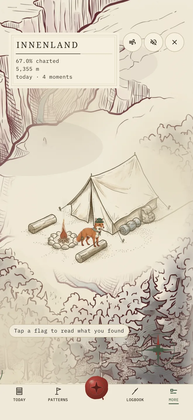 Explore: an illustrated map with the camp, Bo and a whole-land view.